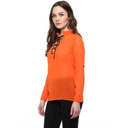 PKRKART Women's Polyester Solid Long Sleeves Regular Top (Orange)