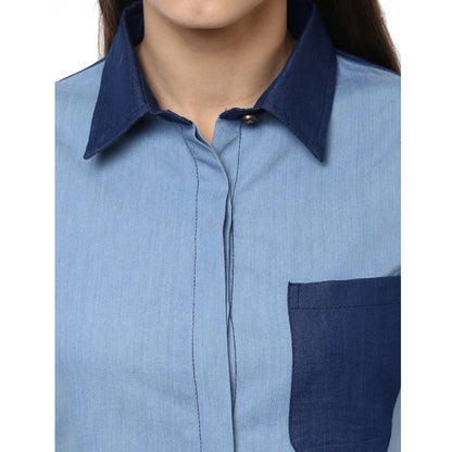 PKRKART Women's Denim Patch Work Long Sleeves Regular Top (Blue)