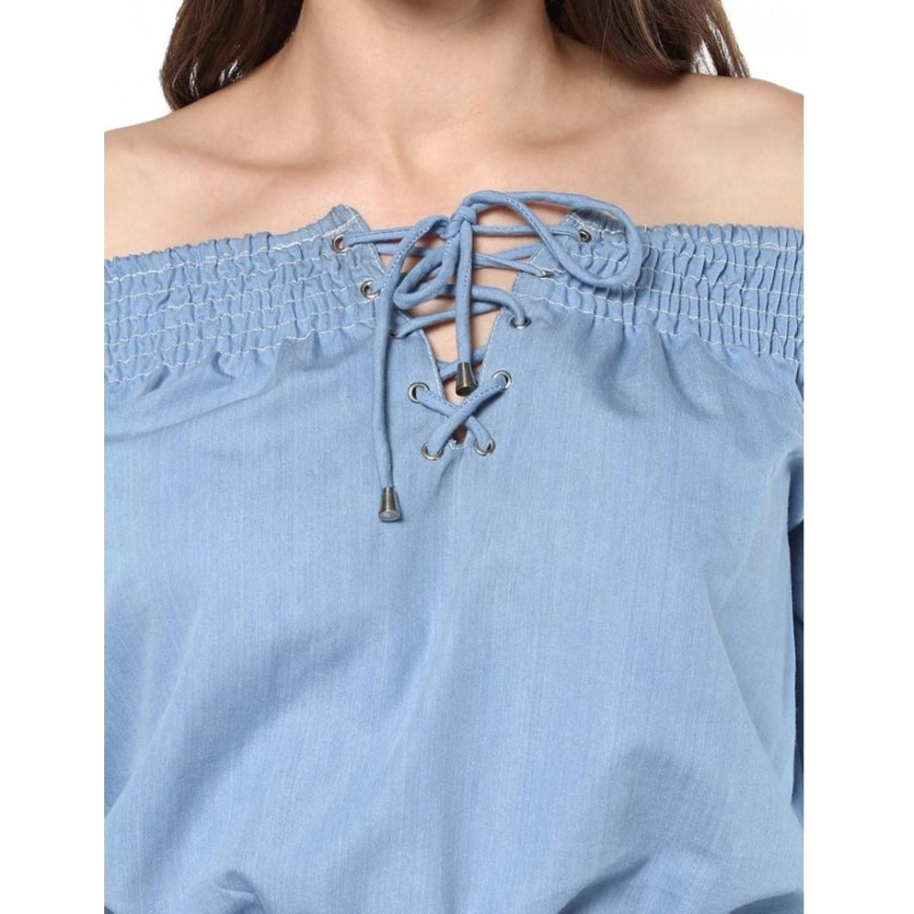 PKRKART Women's Denim Solid 3-4th Sleeves Regular Top (Blue)