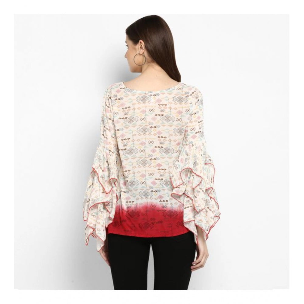 PKRKART Women's Rayon Crepe Printed Ruffle Sleeve Top (Off White - Red)