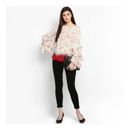 PKRKART Women's Rayon Crepe Printed Ruffle Sleeve Top (Off White - Red)