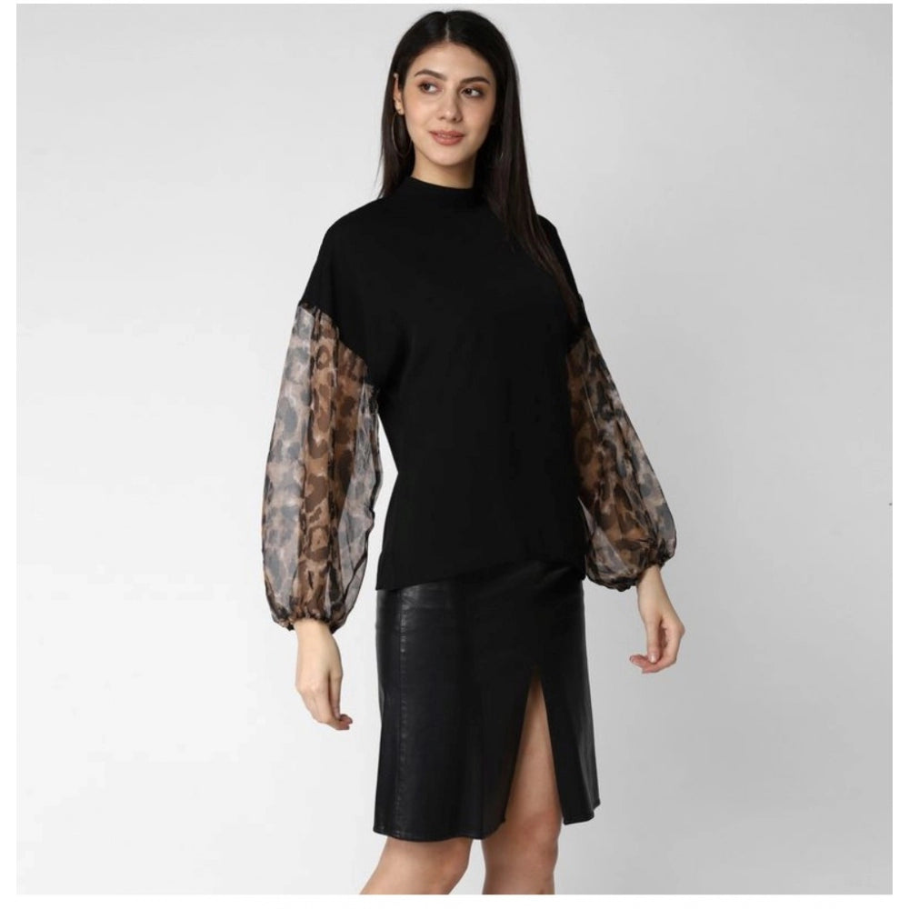 PKRKART Women's Polyester Animal Print Long Sleeves Top (Black)