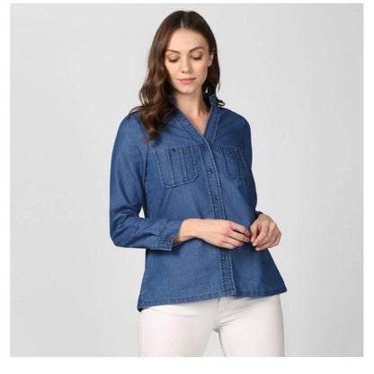 PKRKART Women's Denim Solid Long Sleeves Top (Blue)