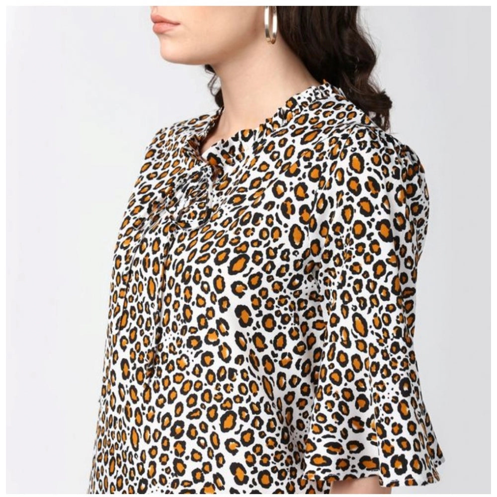 PKRKART Women's Polyester Animal Print Bell Sleeve Top (Orange - Black)