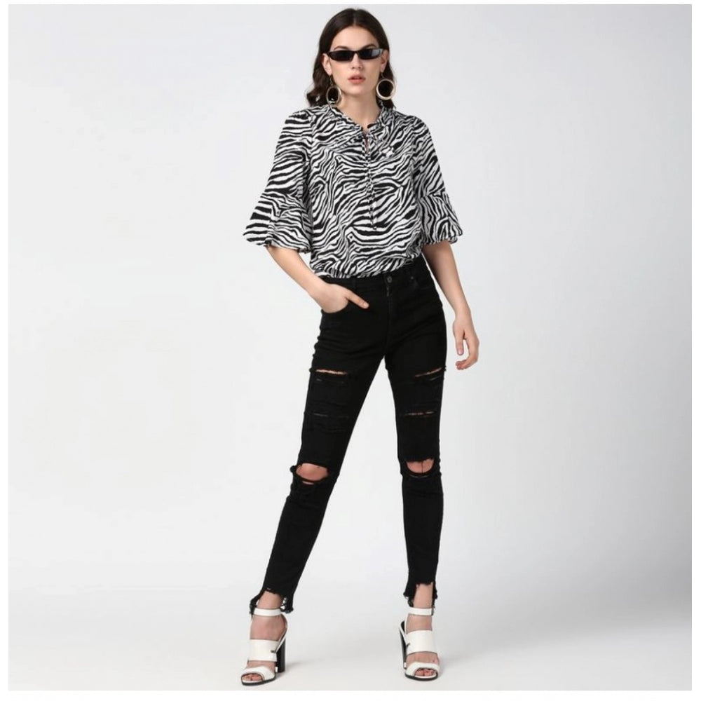 PKRKART Women's Polyester Animal Print Bell Sleeve Top (Black - White)