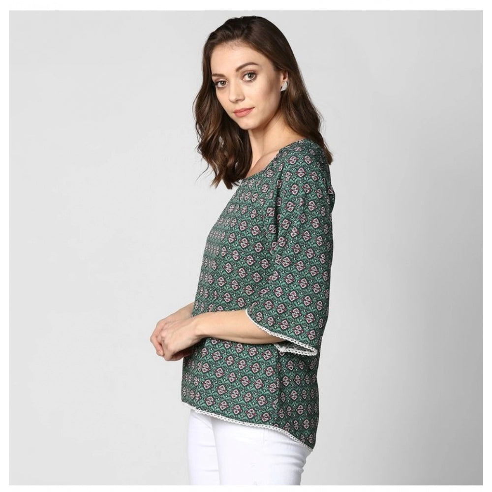 PKRKART Women's Polyester Printed 3-4th Sleeves Top (Green)