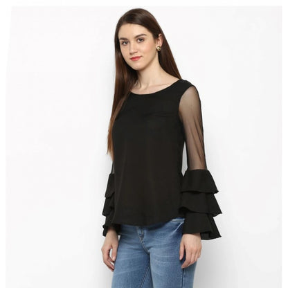 PKRKART Women's Polyester Solid Tier Sleeve Top (Black)