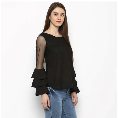 PKRKART Women's Polyester Solid Tier Sleeve Top (Black)