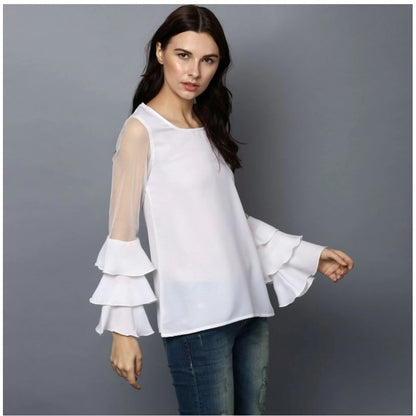 PKRKART Women's Polyester Solid Tier Sleeve Top (White)