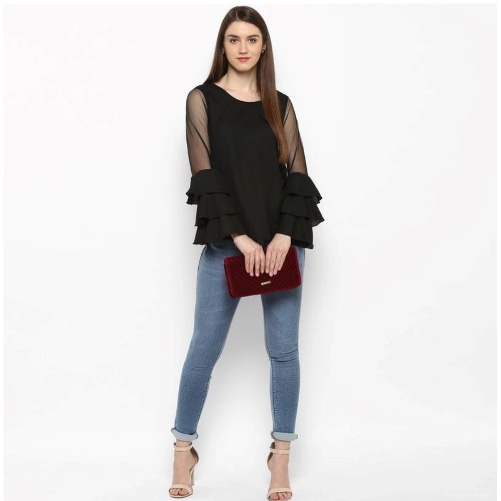 PKRKART Women's Polyester Solid Tier Sleeve Top (Black)