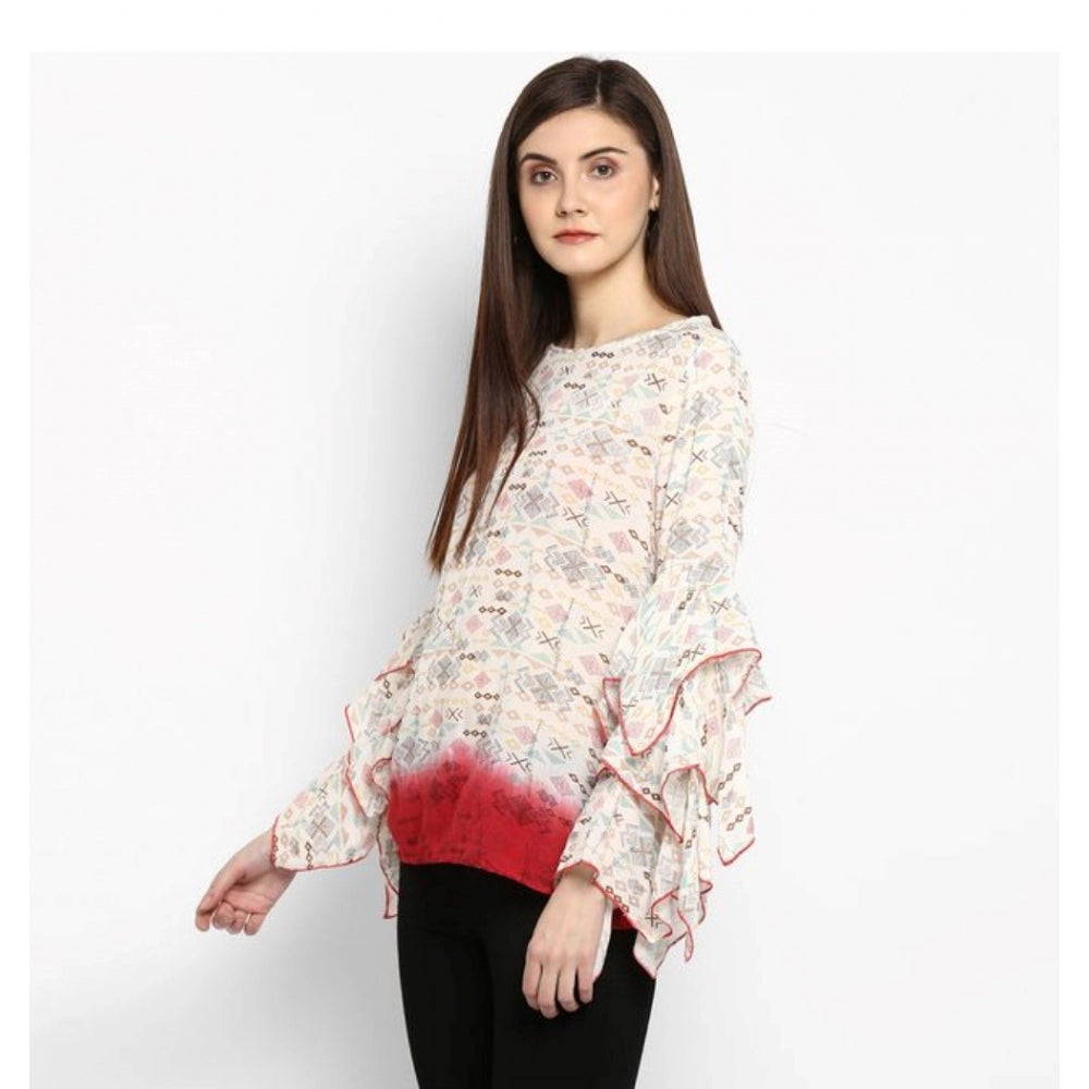 PKRKART Women's Rayon Crepe Printed Ruffle Sleeve Top (Off White - Red)