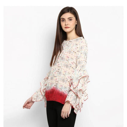 PKRKART Women's Rayon Crepe Printed Ruffle Sleeve Top (Off White - Red)