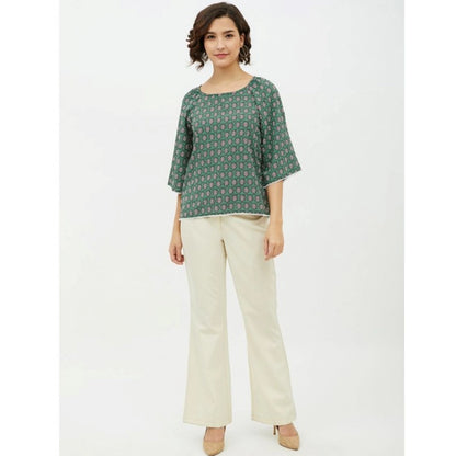 PKRKART Women's Polyester Printed 3-4th Sleeves Top (Green)
