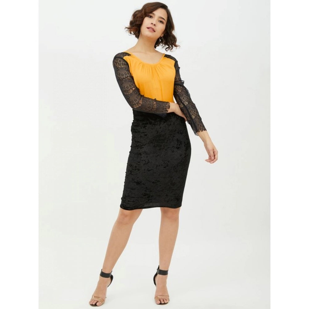 PKRKART Women's Rayon Lace Inserts Long Sleeves Top (Yellow)