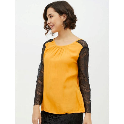 PKRKART Women's Rayon Lace Inserts Long Sleeves Top (Yellow)