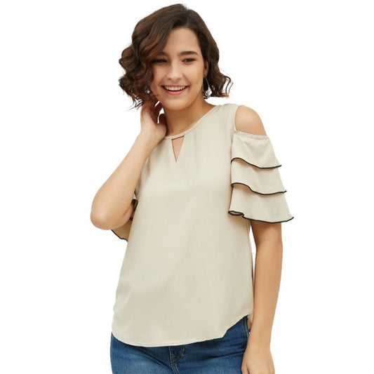 PKRKART Women's Polyester Tiered Cold Shoulder Top (Beige)