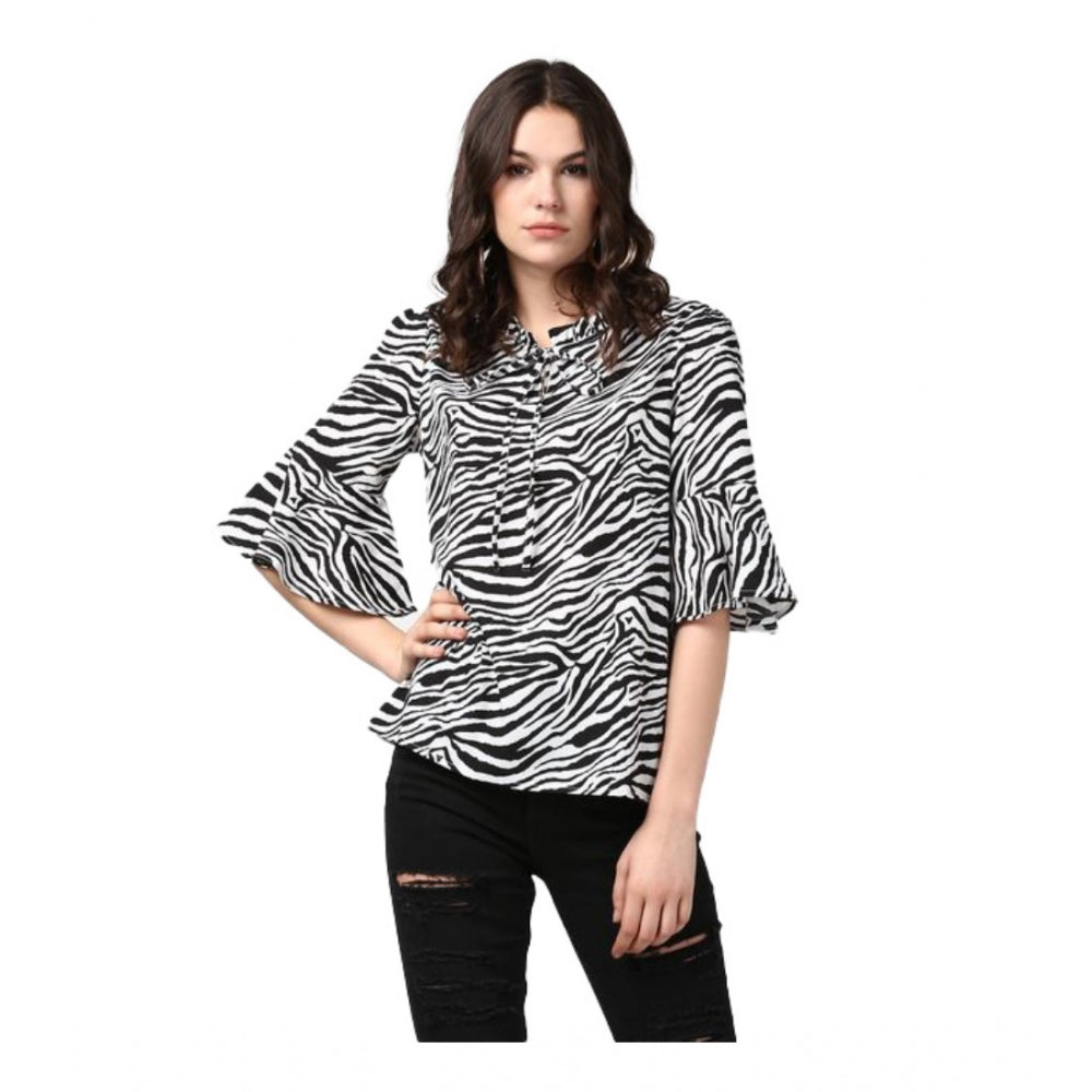 PKRKART Women's Polyester Animal Print Bell Sleeve Top (Black - White)