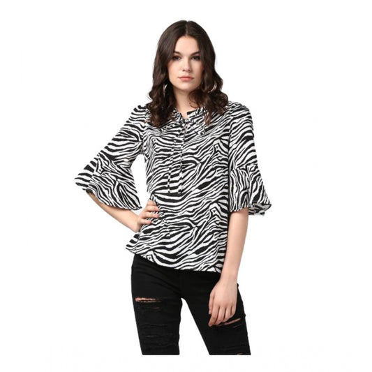 PKRKART Women's Polyester Animal Print Bell Sleeve Top (Black - White)