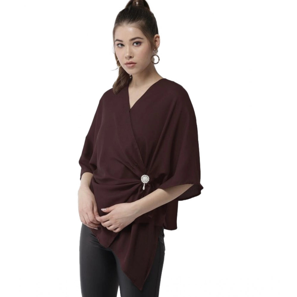 PKRKART Women's Polyester Solid Cape Sleeve Top (Maroon)