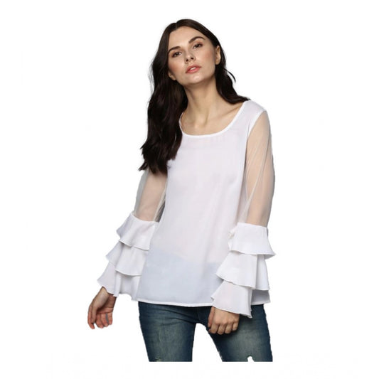 PKRKART Women's Polyester Solid Tier Sleeve Top (White)