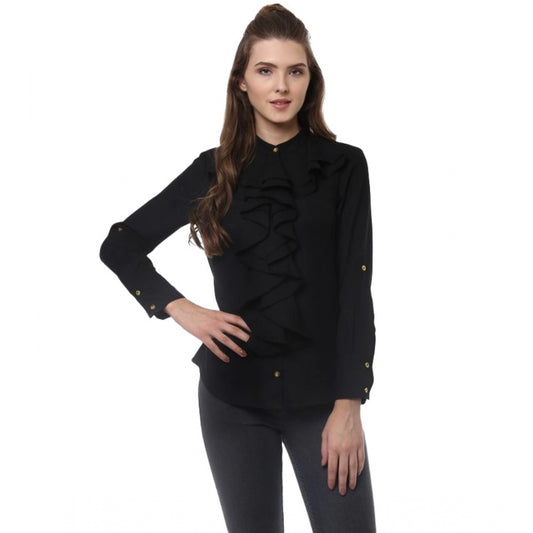 PKRKART Women's Polyester Ruffled Long Sleeves Top (Black)