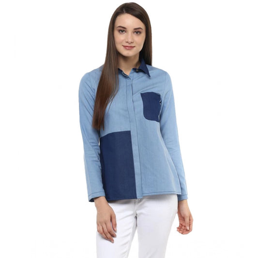 PKRKART Women's Denim Patch Work Long Sleeves Regular Top (Blue)