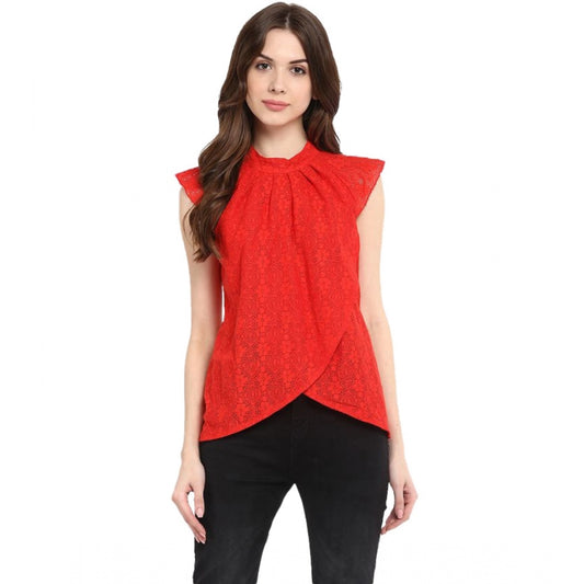 PKRKART Women's Cotton Lace Embellished Cap Sleeve Regular Top (Red)