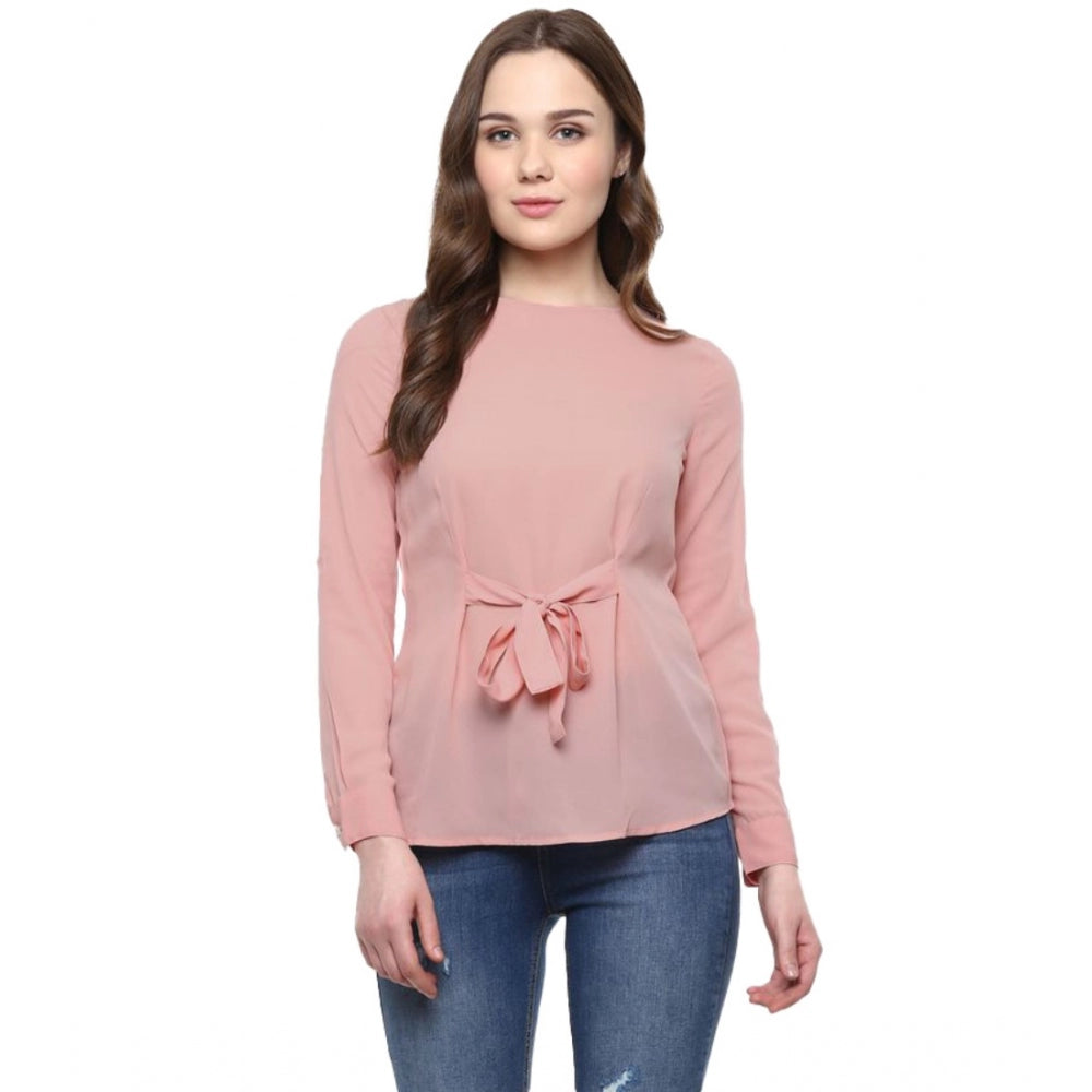 PKRKART Women's Polyester Solid Long Sleeves Regular Top (Pink)