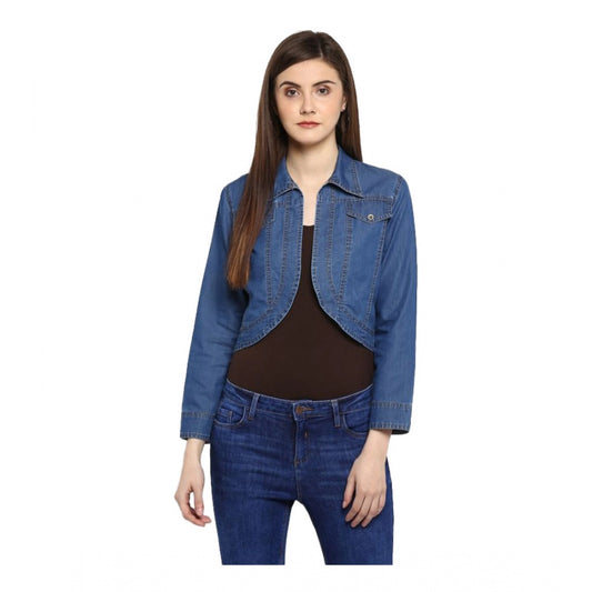 PKRKART Women's Denim Solid 3-4th Sleeves Shrug (Blue)