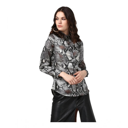 PKRKART Women's Satin Animal Print Long Sleeves Standard Length Shirt (Black - Grey)
