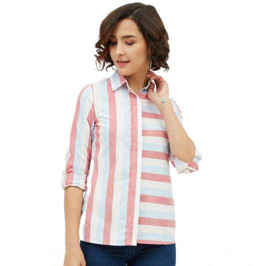 PKRKART Women's Cotton Striped Long Sleeves Standard Length Shirt (Pink)