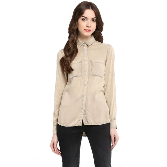PKRKART Women's Rayon Solid Long Sleeves Standard Length Shirt (Beige)