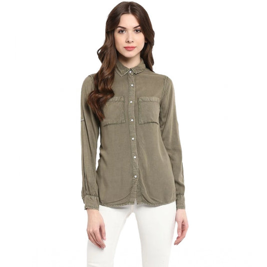 PKRKART Women's Rayon Solid Long Sleeves Standard Length Shirt (Olive Green)