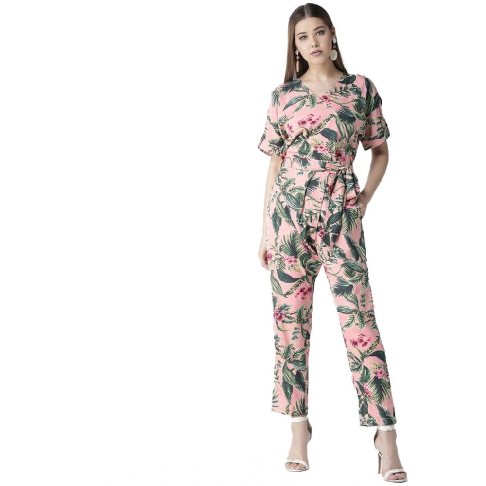 PKRKART Women's Polyester Floral Half Sleeve Jumpsuit (Pink)