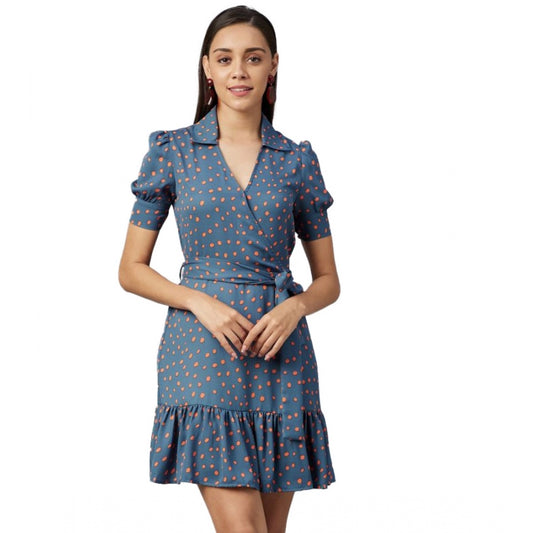 PKRKART Women's Polyester Polka Short Sleeve Above Knee Dress (Grey - Coral)
