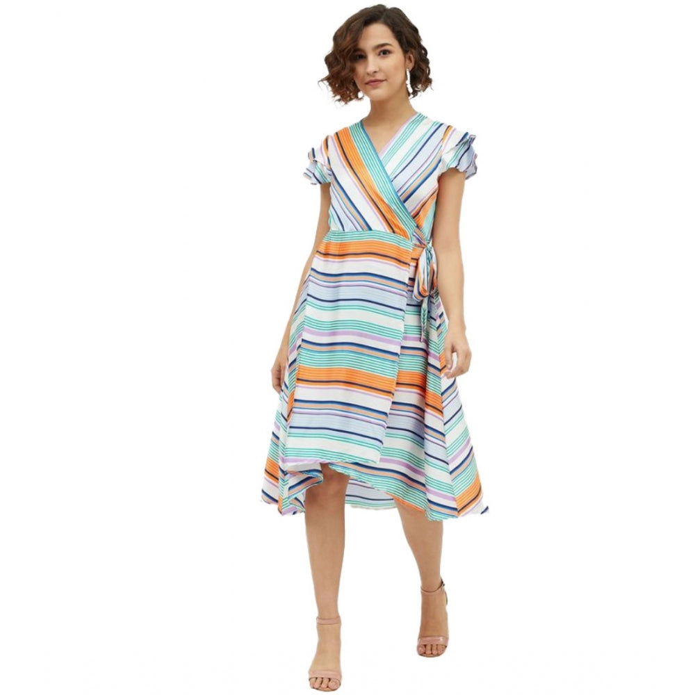 PKRKART Women's Satin Striped Short Sleeve Knee-Length Dress (Multicolor)