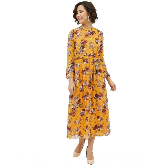 PKRKART Women's Polyester Floral Long Sleeves Calf-length Dress (Multicolor)