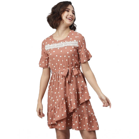 PKRKART Women's Polyester Polka Bell Sleeve Above Knee Dress (Brown)