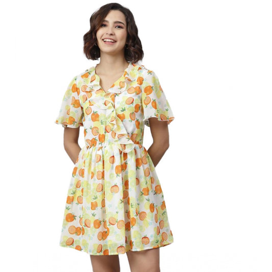 PKRKART Women's Polyester Printed Flutter Above Knee Dress (Yellow - Orange)