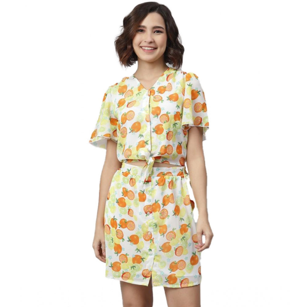 PKRKART Women's Polyester Printed Flutter Above Knee Dress (Orange - Yellow)