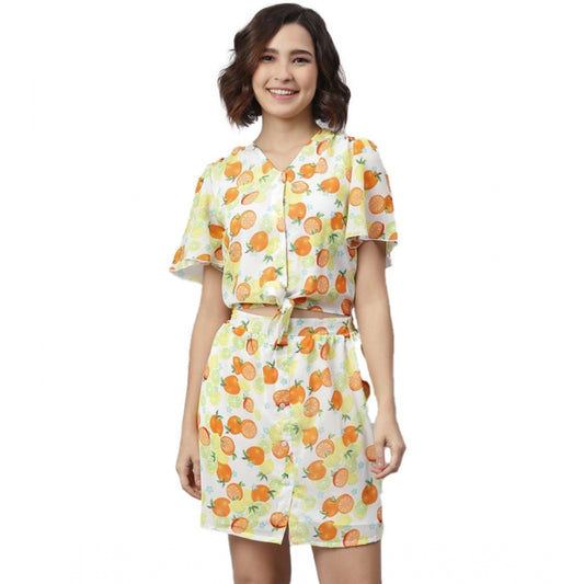 PKRKART Women's Polyester Printed Flutter Above Knee Dress (Orange - Yellow)
