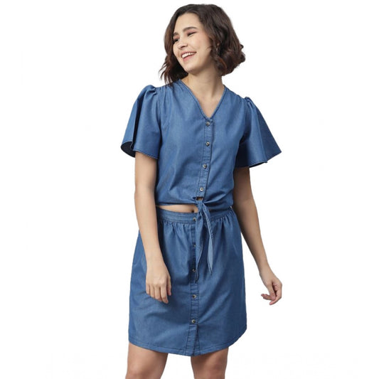 PKRKART Women's Denim Solid Flutter Above Knee Dress (Blue)