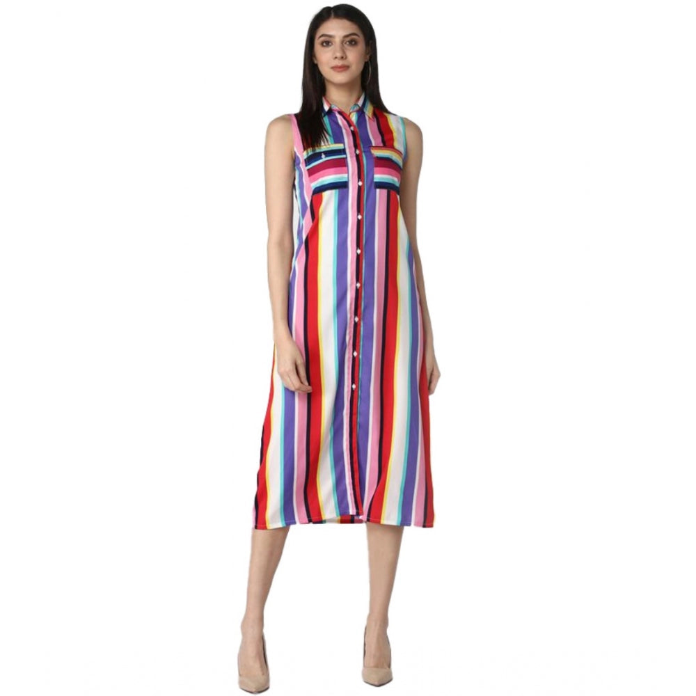 PKRKART Women's Polyester Striped Sleeveless Calf-length Dress (Multicolor)
