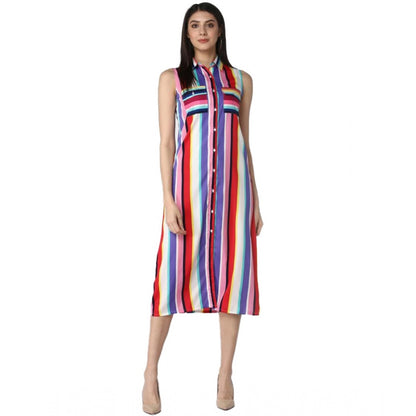 PKRKART Women's Polyester Striped Sleeveless Calf-length Dress (Multicolor)