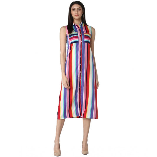 PKRKART Women's Polyester Striped Sleeveless Calf-length Dress (Multicolor)