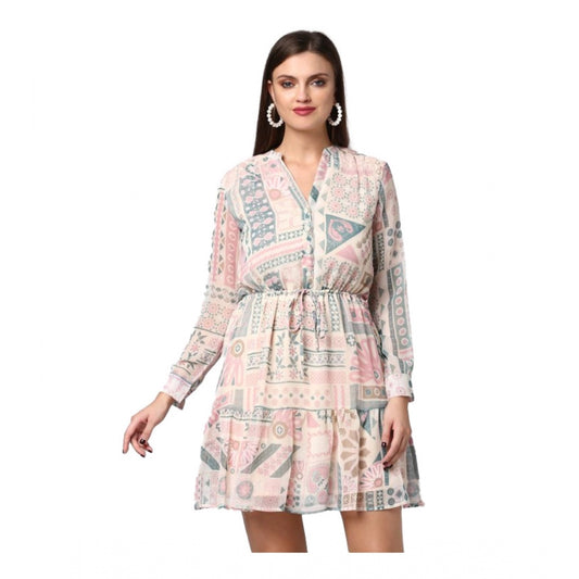 PKRKART Women's Polyester Printed Long Sleeves Above Knee Dress (Light Pink - Off White)