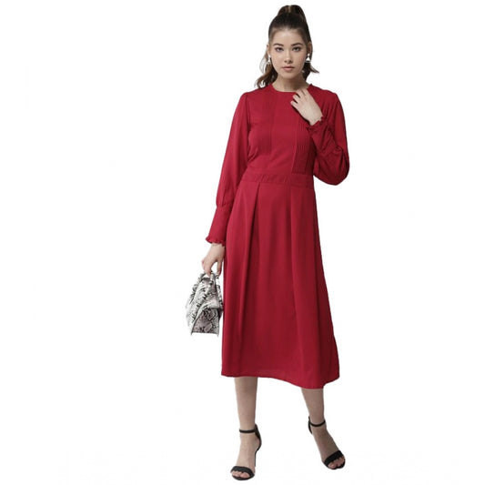 PKRKART Women's Polyester Pintuck Long Sleeves Below Knee Dress (Red)