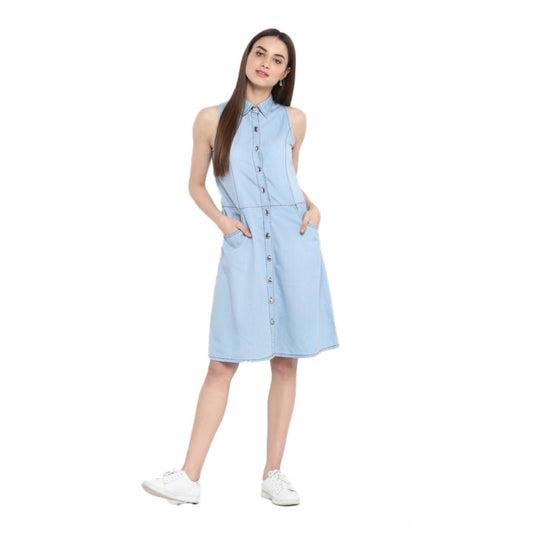 PKRKART Women's Denim Solid Sleeveless Below Knee Dress (Blue)