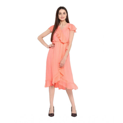 PKRKART Women's Polyester Ruffled Cap Sleeve Below Knee Dress (Neon Pink)