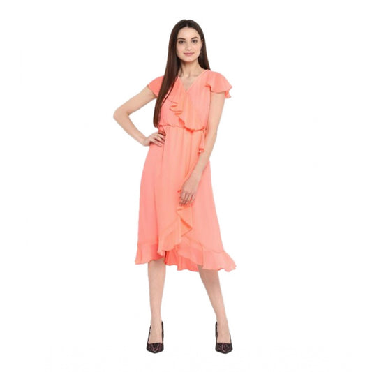 PKRKART Women's Polyester Ruffled Cap Sleeve Below Knee Dress (Neon Pink)